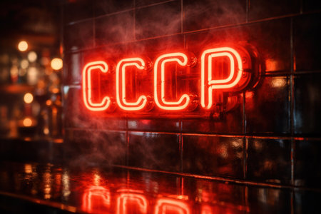 Retro Neon Cccp Soviet Union Sign Glowing In Dark Interior With Smokeの素材