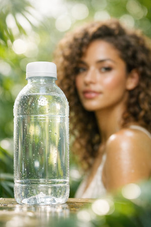 Clear Plastic Water Bottle With Droplets In Lush Green Garden Setting Beside Relaxed Smiling Womanの素材