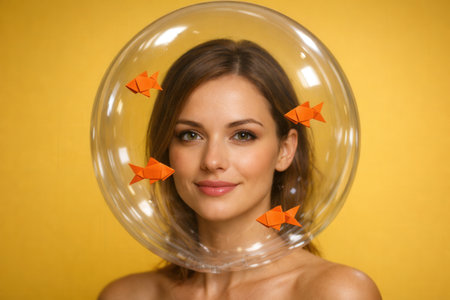 Portrait Of Young Woman With Head Inside Transparent Bubble And Orange Origami Fishの素材