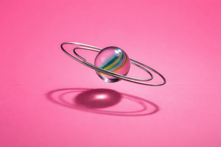Floating Glass Marble Planet With Silver Metal Rings On Vibrant Pink Backgroundの素材