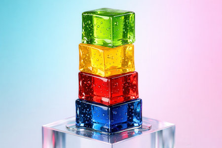 Stack Of Vibrant Translucent Fruit Jelly Cubes On Clear Pedestal With Gradient Backgroundの素材