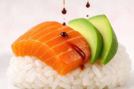 Salmon Sushi Nigiri With Fresh Avocado And Soy Sauce Dropsの素材