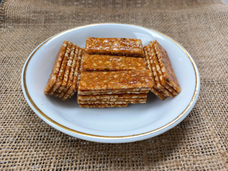 stack of ting ting enting enting indonesian traditional sweet peanut brown sugar candy snackの写真素材
