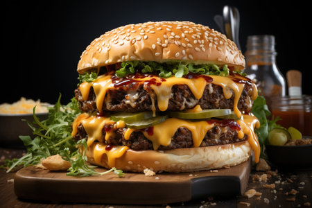 Delicious burger with vegetable and melted cheese on rustic wooden plate generated by AIの素材