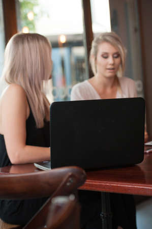two blonde female having a business meeting in a coffee shopの写真素材
