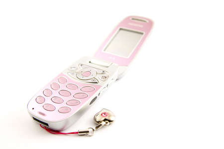 Modern clamshell phone isolated on a white backgroundの写真素材