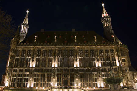 The famous city hall of Aachen (Germany) photographed at nightの写真素材