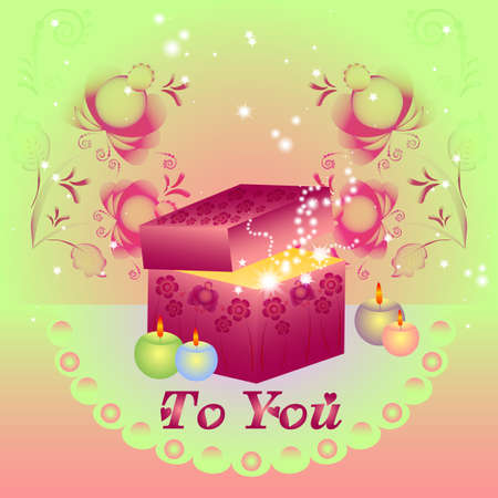 Greeting card with gift box, candles and floral ornament. Vector illustrationのイラスト素材
