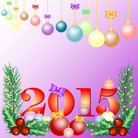 Greeting card with balls for congratulations with Happy New Year and Merry Christmas. Vector illustrationのイラスト素材