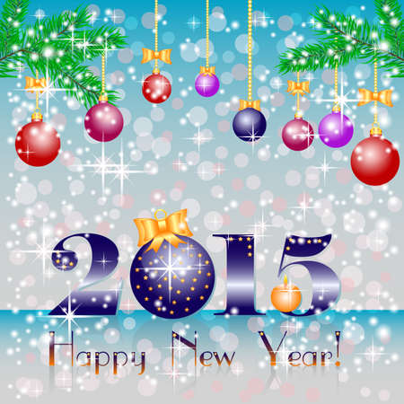 Greeting christmas background with balls and 2015 in blue colors. Vector illustrationのイラスト素材
