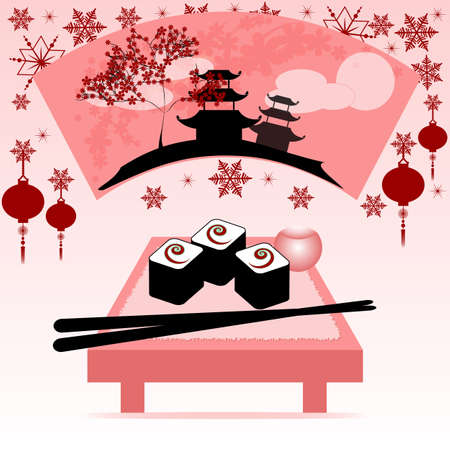 Greeting postcard with fan, rolls and chinese sticks to the Chinese New Year 2015. Vector illustrationのイラスト素材