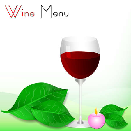 Abstract white background with green leaves and glass of red wine. Wine list. Vector illustrationのイラスト素材