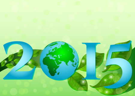 Postcard on April 22 - Earth day. 2015 with globe and leaves. Vector illustrationのイラスト素材