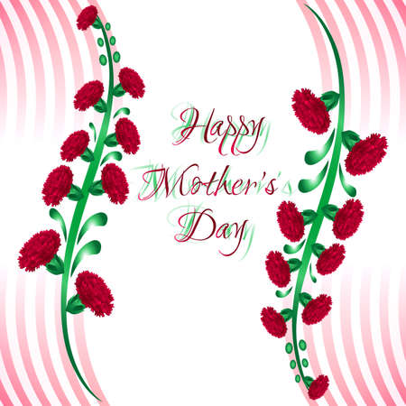 Greeting card with red carnations on stem for Mothers day on white background with stripes. Vector illustrationのイラスト素材