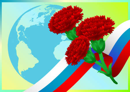 Earth globe with Russian flag and carnations on green background. Vector illustrationのイラスト素材