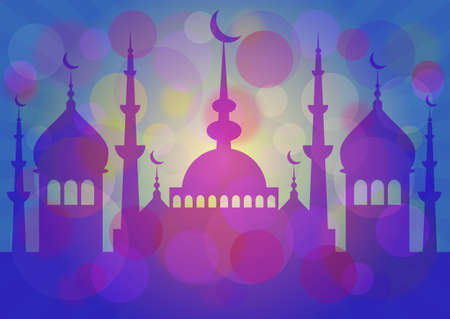 Blue card with mosque for greeting with beginning of fasting month Ramadan as well with Islamic holiday Eid alFitr or Feast of Breaking the Fast and Eid alAdha. Vector illustrationのイラスト素材