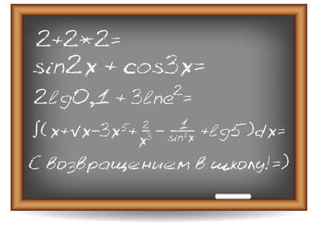 Postcard for Postcard for Knowledge Day. Back to school. Blackboard with mathematical examples written by chalk. Russian translation: with return to school. Vector illustrationのイラスト素材