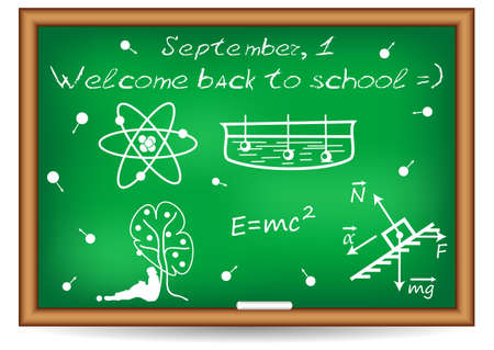 Postcard for Postcard for Knowledge Day. Back to school. Blackboard with examples from physics written by chalk. Vector illustrationのイラスト素材