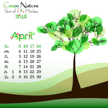 Abstract nature background with green tree and dates of April 2016. Green spring. Vector illustrationのイラスト素材