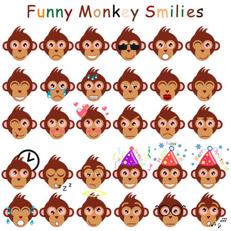 Set of smilies in form of head monkeys with different emotions. Mens set. Vector illustrationのイラスト素材