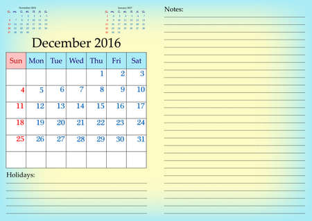 Business calendar grid for 2016 year by months with marked weekend days. December. Place for notes and holidays. Vector illustrationのイラスト素材