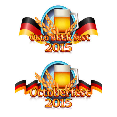 Colorful for postcards and greetings with Oktoberfest. Beer mug, spikelets and flag of Germany on round figure in two variants. Isolated on white. Vector illustrationのイラスト素材