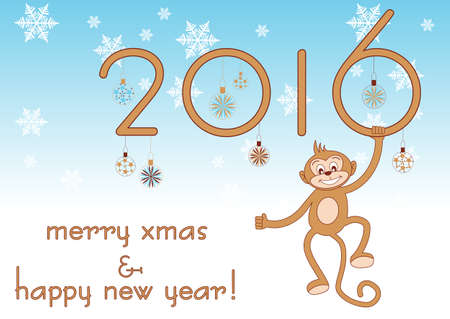 Stylized 2016 with funny monkey on light blue for greeting with New Year and Christmas. Vector illustrationのイラスト素材