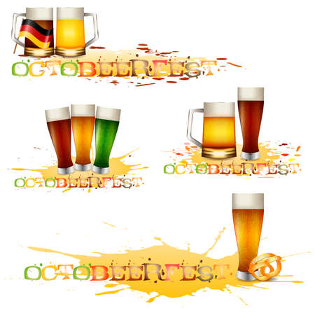 Colorful logos for postcards and greetings with Oktoberfest. Beer beakers and blots in four versions, isolated on white. Vector illustrationのイラスト素材