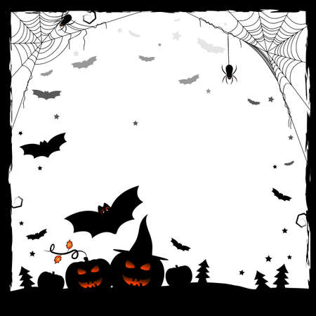 Holiday illustration on theme of Halloween. Black and white frame with pumpkins, spiders on web and bats. Wishes for Happy Halloween. Trick or treat. Vector illustrationのイラスト素材