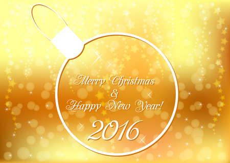 Holiday card with shape of ball and sparkles for greeting with New Year and Christmas on golden blurred background. Vector illustrationのイラスト素材