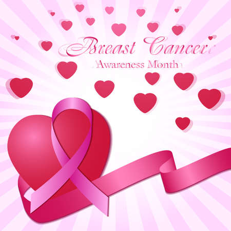 Awesome postcard with pink ribbon and hearts on pale striped background. National Breast Cancer Awareness Month. Vector illustrationのイラスト素材