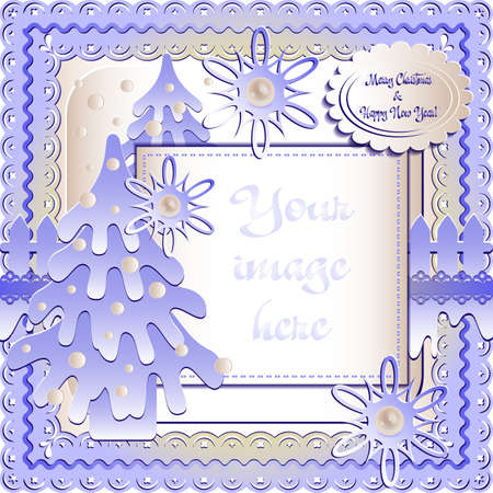 Holiday card with snow lawn in blue colors in scrapbooking style for greeting with Christmas and New Year. Vector illustrationのイラスト素材