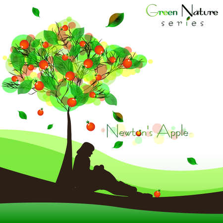 Abstract nature background with fructifying apple tree and sitting man under it. Newton's Apple - law of universal gravitation. Vector illustrationのイラスト素材