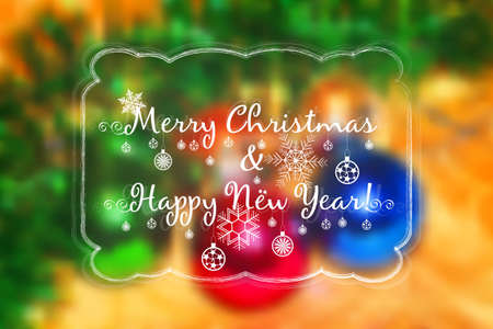 Holiday card for greeting with Happy New Year and Merry Christmas on colorful blurred background. Vector illustrationのイラスト素材