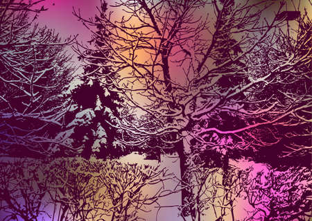 Stylized christmas card with winter landscape. Fir trees in snow. One-colored trace on mesh colorful...