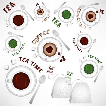 Abstract objects of cups of black and green tea and coffee with grunge lettering. Top view. Vector illustrationのイラスト素材