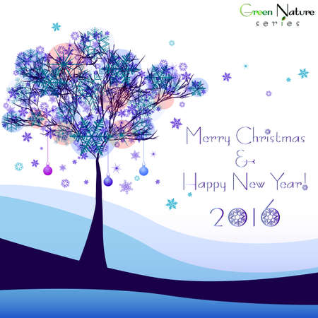 Greeting card with abstract winter tree in snowdrift for congratulations with Happy New Year and Merry Christmas on white backdrop. Vector illustrationのイラスト素材