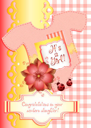 Cute greeting card in scrapbooking style for congratulations with newborn girl in pink and yellow colors. Vector illustrationのイラスト素材