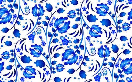 Seamless floral pattern in Gzhel style with blue ornamental flowers. Blue and white background. Floral design. Gzhel flowers. Russian ornament. Vector illustrationのイラスト素材