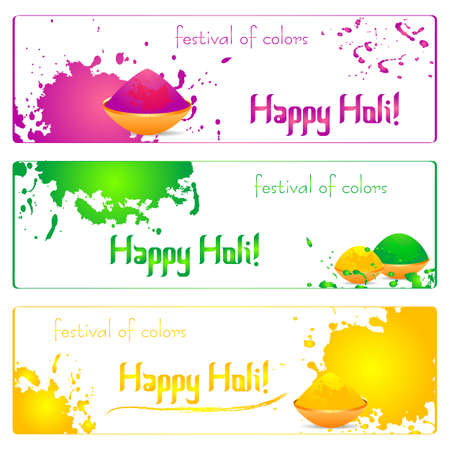 Simple colorful horizontal banners with chaotic splashes and blots isolated on white background. Festival of colors Holi. Vector illustrationのイラスト素材