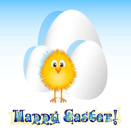 Holiday card for Easter with paper eggs and little paschal yellow chicken on white background. Vector illustrationのイラスト素材