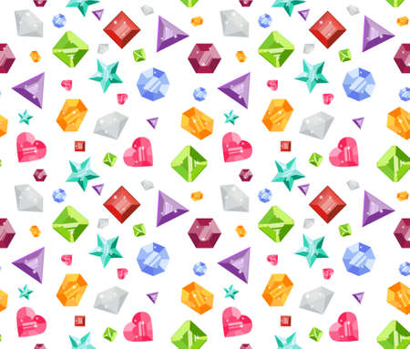 Seamless pattern with colorful precious gem icons in flat style. Seamless gem pattern. Precious gem background. Flat design pattern. Vector illustrationのイラスト素材