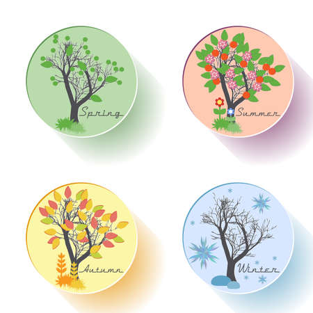 Set of tree icons with four season in flat style. Green spring, red summer, yellow autumn, blue winter. Flat design signs. Season icons. Vector illustrationのイラスト素材