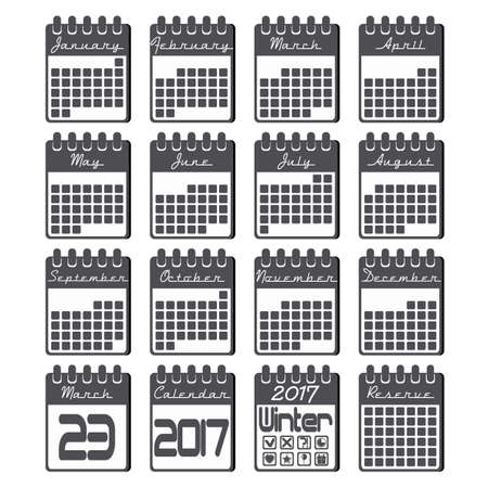 Calendar icons set with grid for 2017 year by months in flat style and black colors. Black and white. Calendar icons flat design. Vector illustrationのイラスト素材