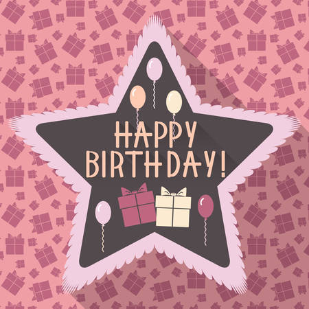 Birthday card in flat style and retro colors on background with gifts. Flat design card. Happy birthday greeting. Seamless pattern see in my portfolio. Vector illustrationのイラスト素材
