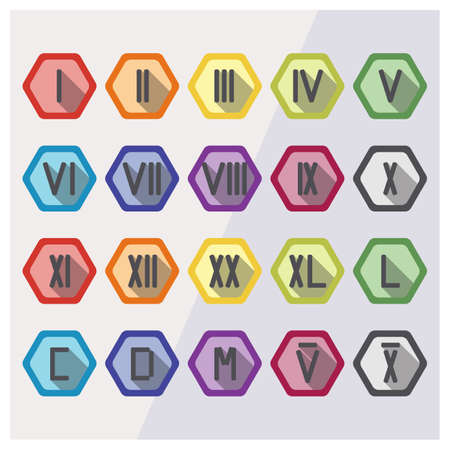 Roman numerals flat icon set in different colors with examples date 23 and year 2016. Roman numbers from 1 to 12, 20, 40, 50, 100, 500, 1000, 5000 and 10k. Vector illustrationのイラスト素材