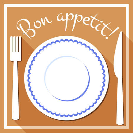 White plate with blue border and cutlery. Bon appetit icon in flat style. Menu flat design. Vector illustrationのイラスト素材