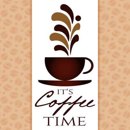 It's coffee time conceptual card. Coffee cup with ornamental splashes on white. Design card, poster in retro style for coffee break, shop or cafe. Vector illustrationのイラスト素材
