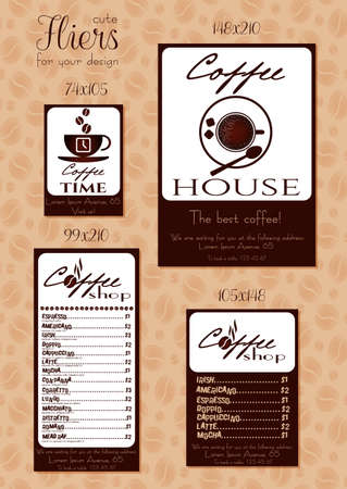 Coffee fliers for advertising of cafe. Handbill with coffee cup logo, menu overview or contacts. Design flier, card, poster in retro style for coffee menu, shop or cafe. Vector illustrationのイラスト素材