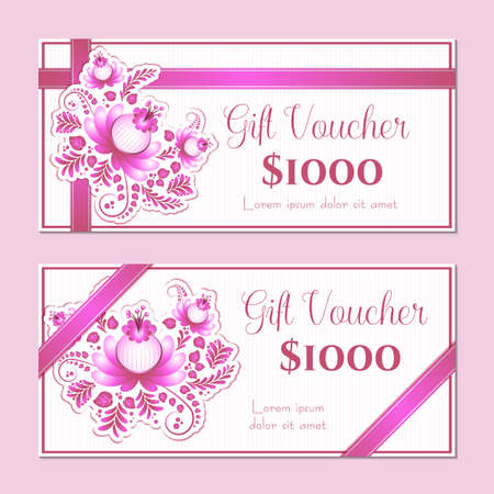 Templates of gift vouchers in two versions with floral ornament and ribbons in pink and white colors. Certificates for presents on Women's Day, Mother's Day, Bithday, Anniversary. Vector illustrationのイラスト素材